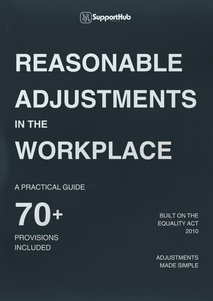 Cover of the &ldquo;Reasonable Adjustments in the Workplace&rdquo; guide by SupportHub Tools. The text reads: &ldquo;A practical guide. 70 provisions included. Built on the Equality Act 2010. Adjustments made simple.&rdquo; The background is dark blue with a subtle texture, and the SupportHub logo appears at the top.